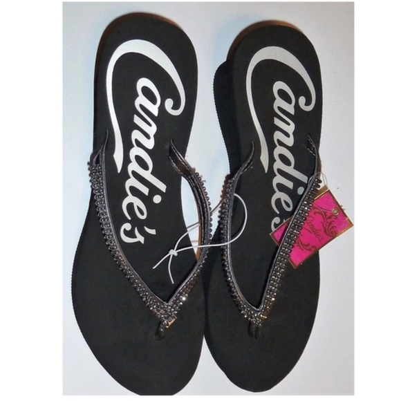 CANDIE’S Black Rhinestone Thong Wedge Sandals 11 - Picture 2 of 3